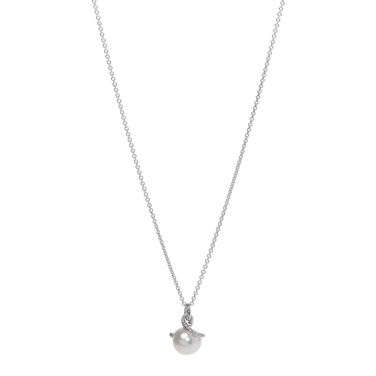 Mikimoto 18K White Gold Diamond White South Sea Pearl 11mm Twist Pendant Necklace 1 of 5