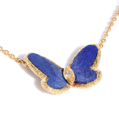 Van Cleef & Arpels 18K Yellow Gold Diamond Lapis Vintage Alhambra Butterfly Pendant Necklace 4 of 6