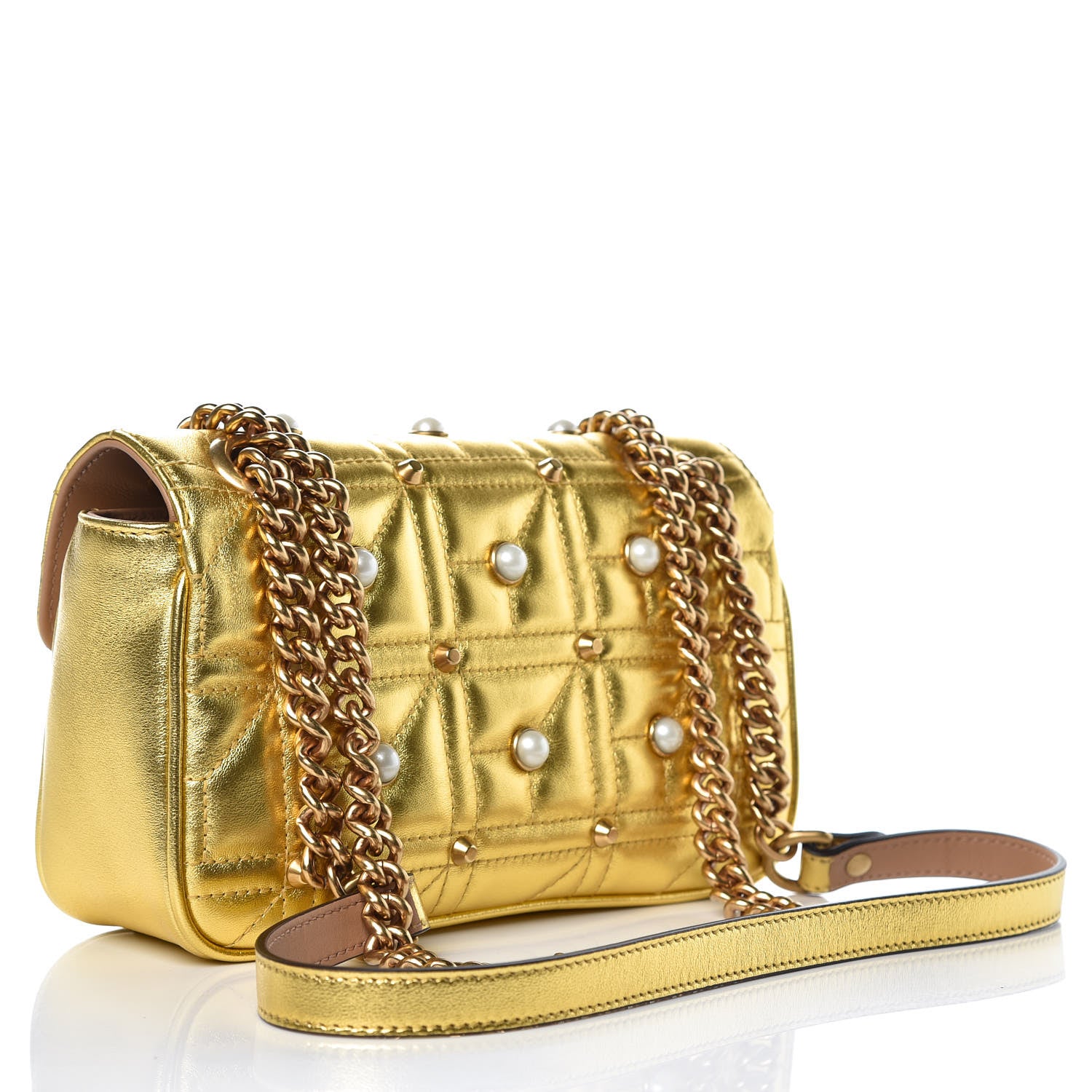Gucci Metallic Calfskin Matelasse Studded Mini Pearly GG Marmont Shoulder Bag Gold 3 of 7
