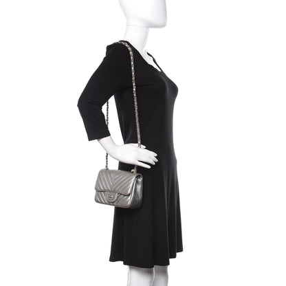 Chanel Metallic Caviar Chevron Quilted Mini Square Flap Silver 2 of 11