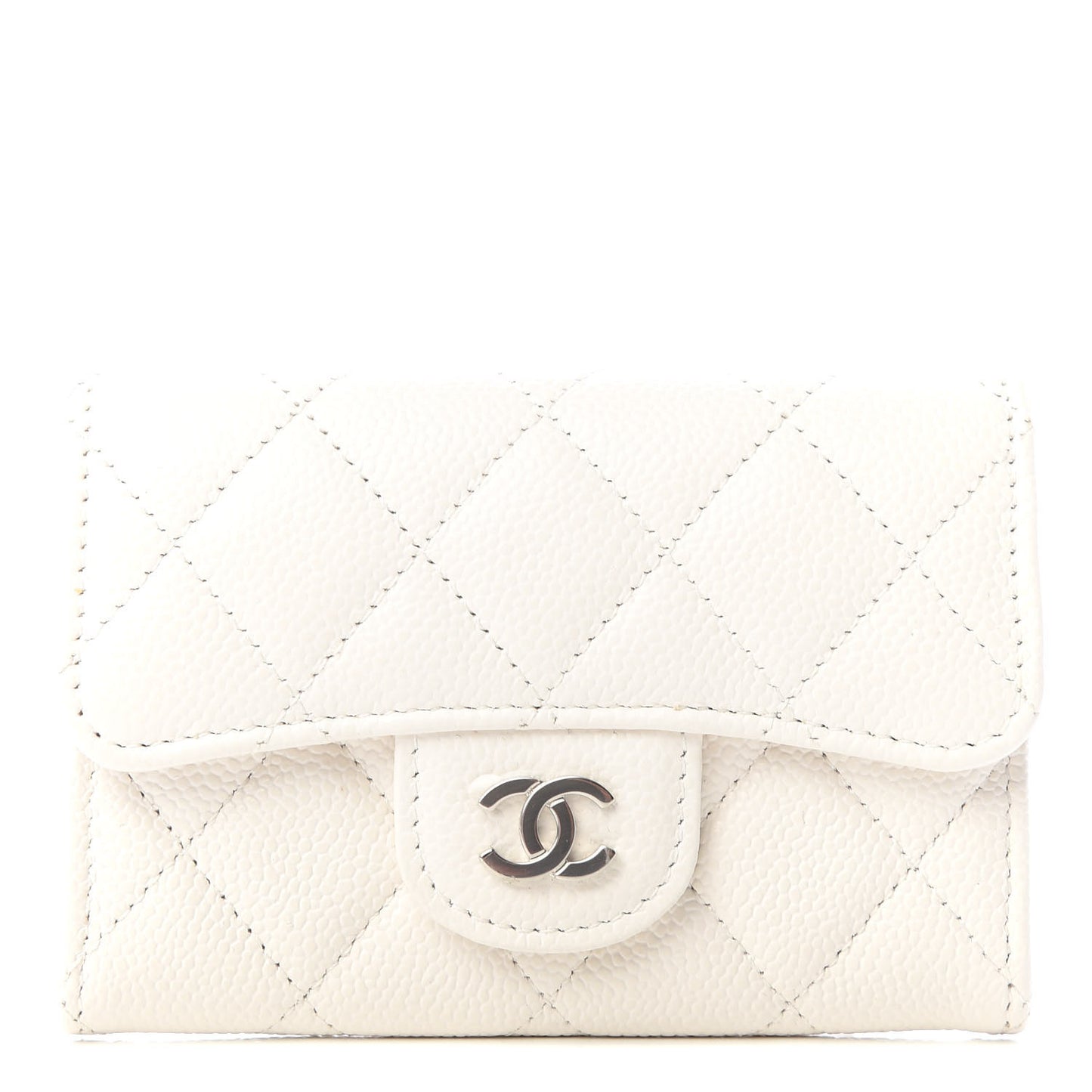 Caviar Quilted Flap Card Holder Wallet White