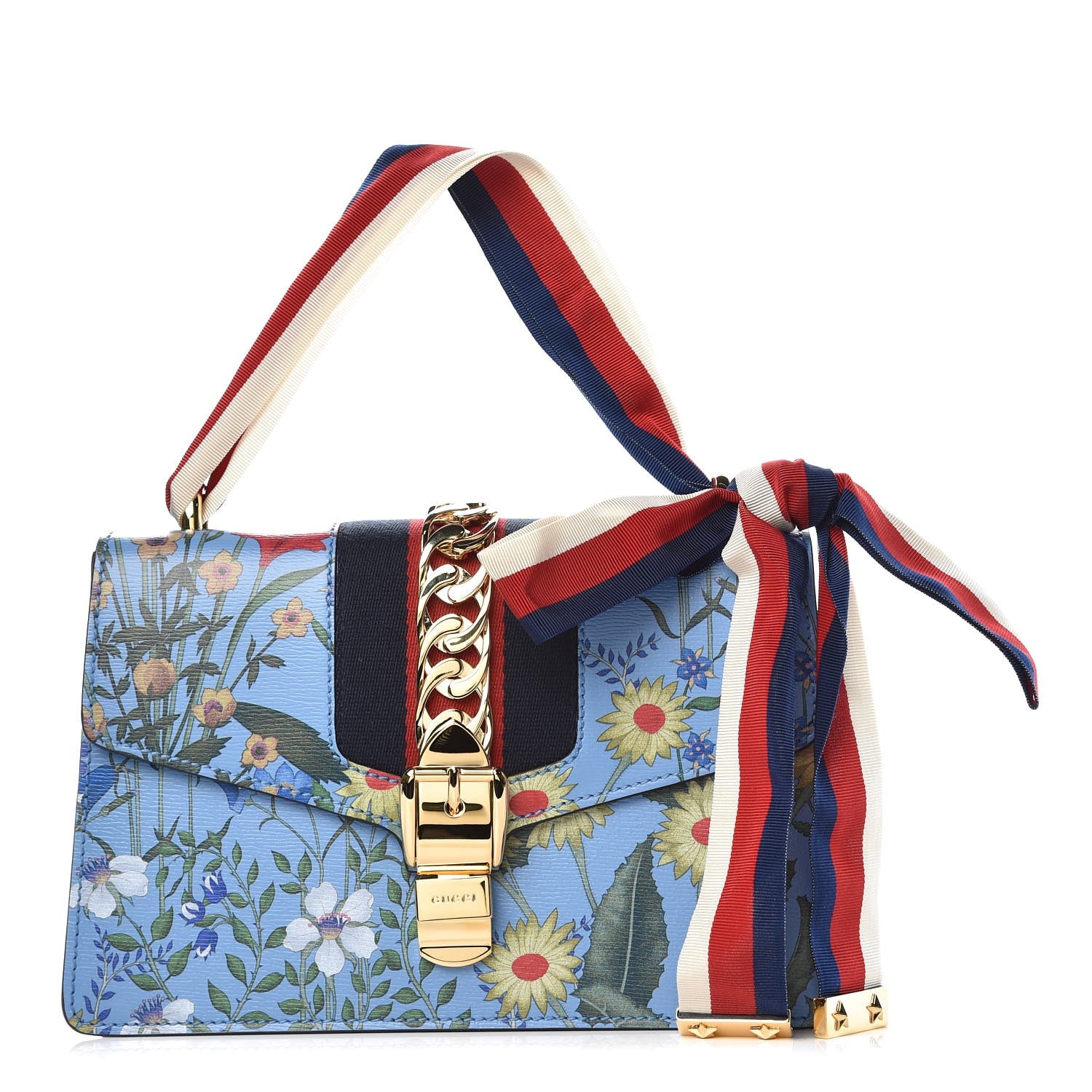 Gucci Shangai Calfskin Web New Flora Small Sylvie Shoulder Bag Azure 1 of 7