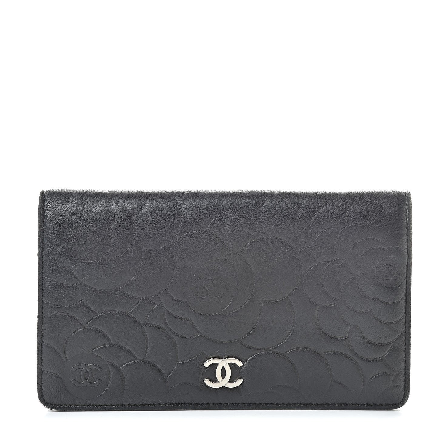 Lambskin Camellia Embossed Yen Wallet Black