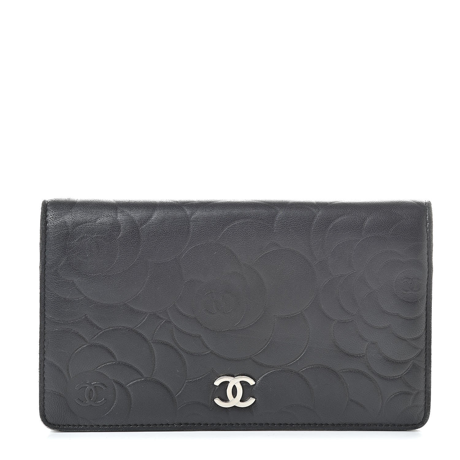 Chanel Lambskin Camellia Embossed Yen Wallet Black 1 of 12