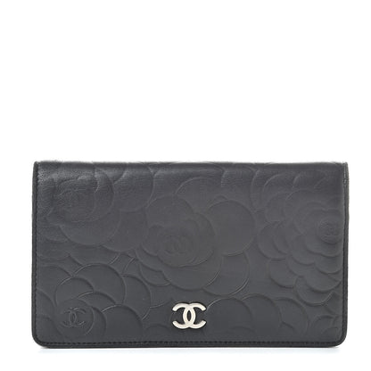 Chanel Lambskin Camellia Embossed Yen Wallet Black 1 of 12