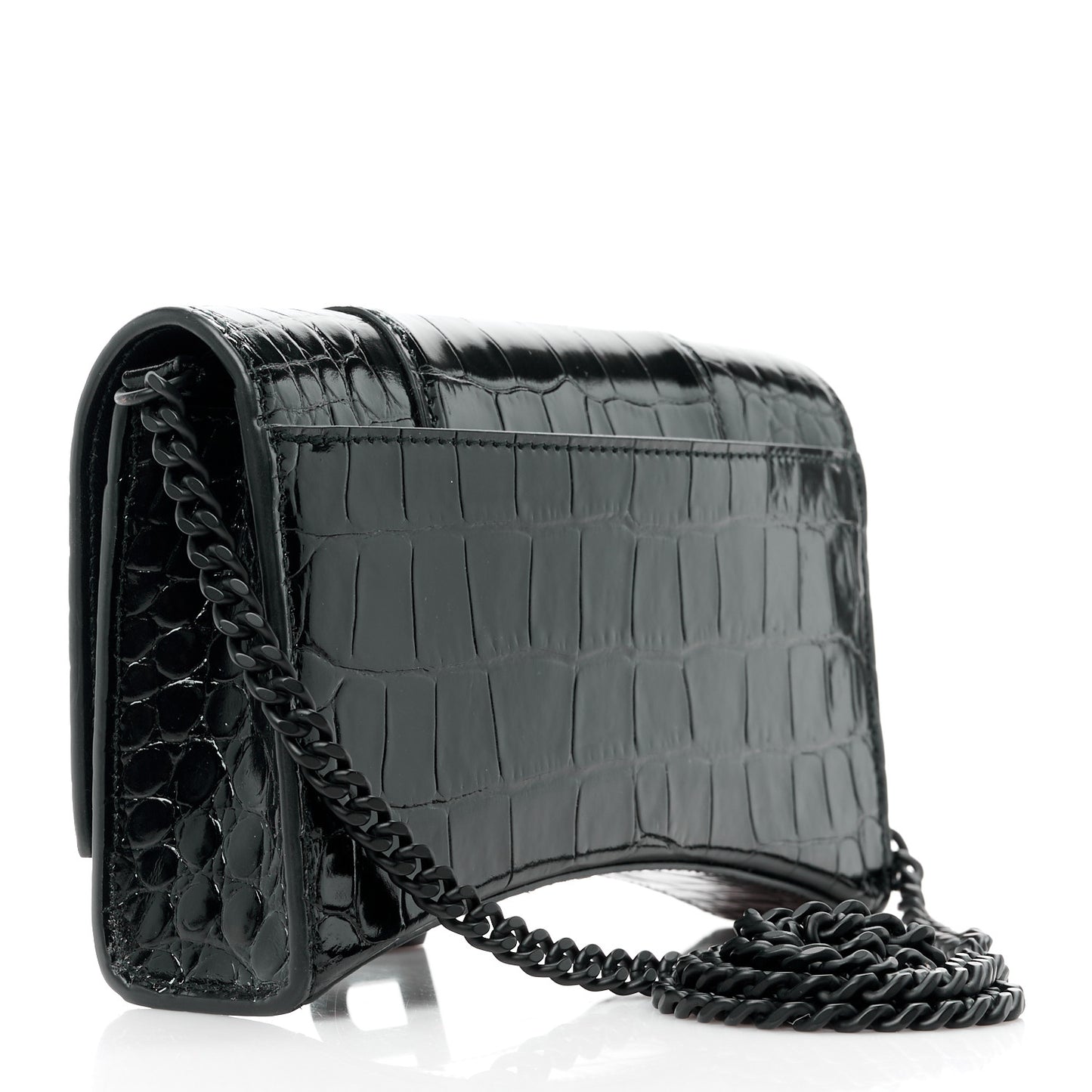 Shiny Calfskin Monochrome Crocodile Embossed Hourglass Wallet On Chain Black
