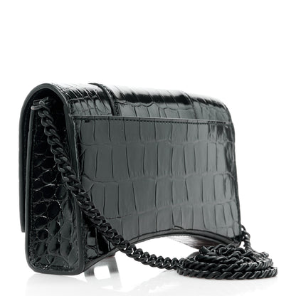Balenciaga Shiny Calfskin Monochrome Crocodile Embossed Hourglass Wallet On Chain Black 3 of 11