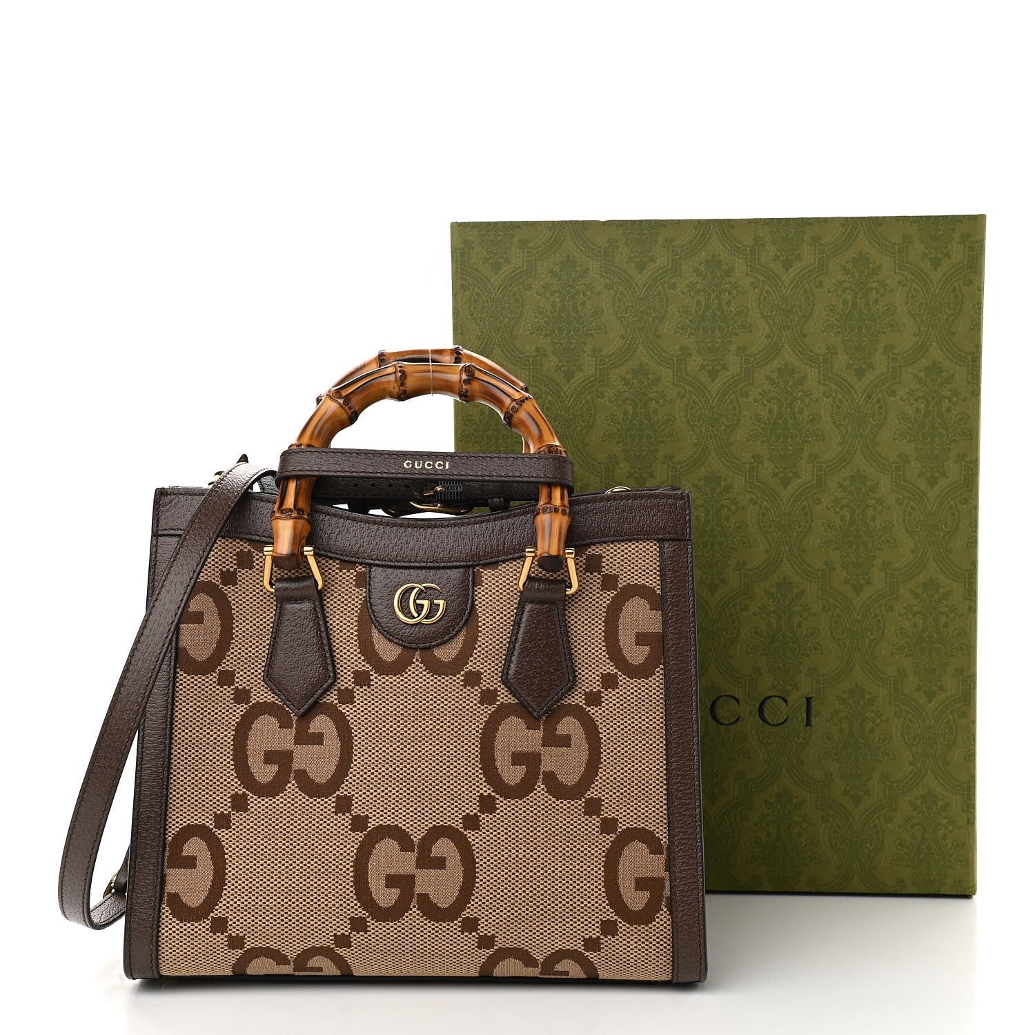 Gucci Monogram Jumbo GG Textured Dollar Calfskin Small Diana Tote Bag Camel Ebony New Acero 11 of 11
