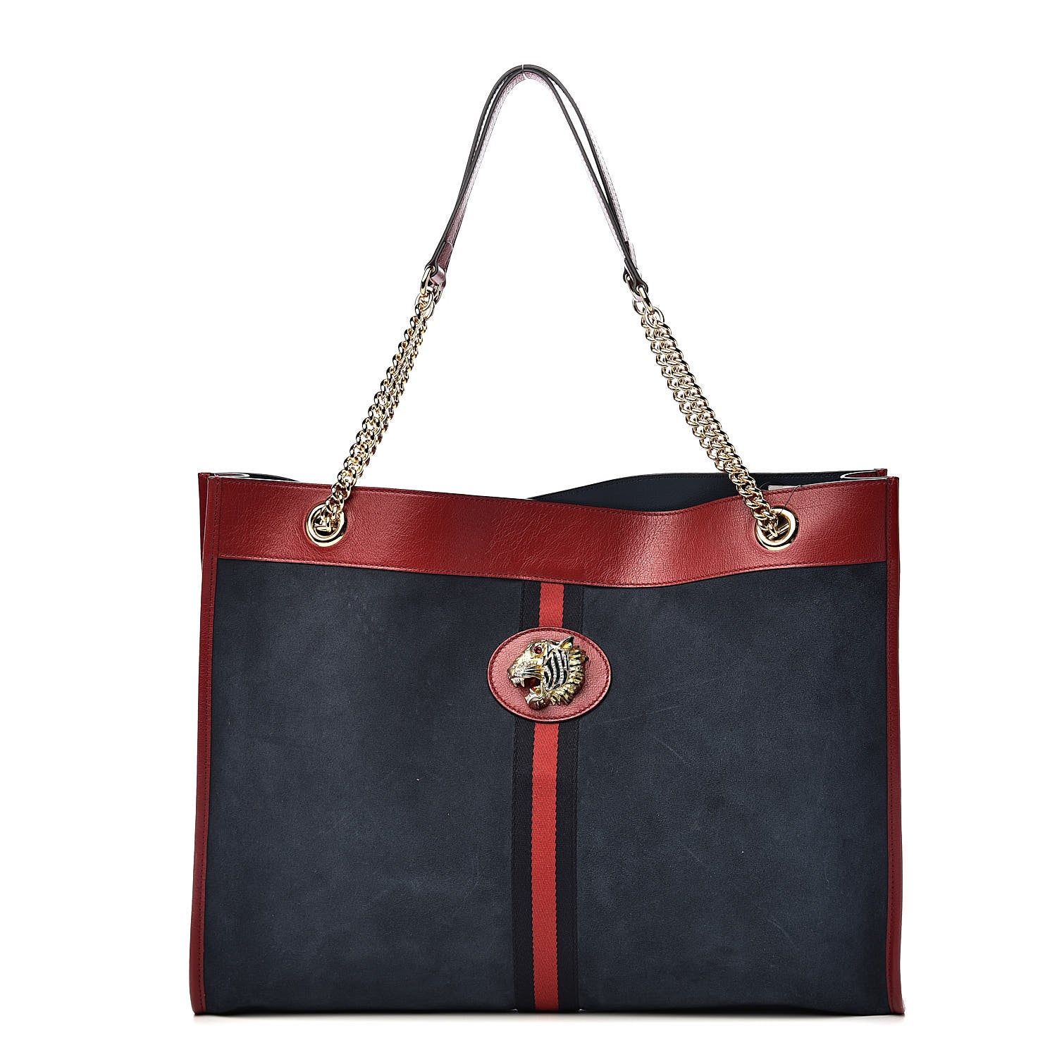 Gucci Suede Calfskin Large Rajah Chain Tote New Blue Romantic Cherry 3 of 12