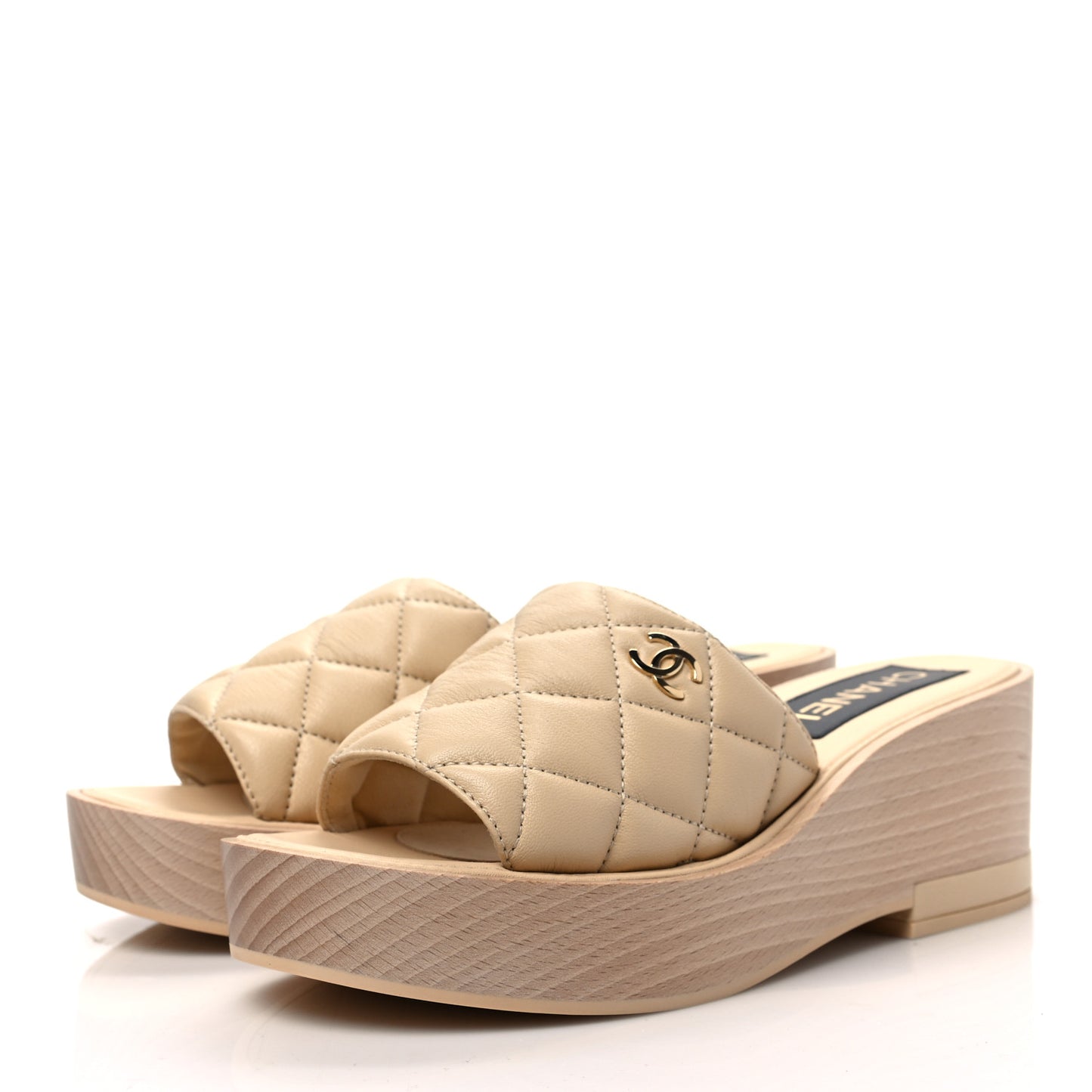 Lambskin Quilted CC Slip On Platform Sandals 39 Beige