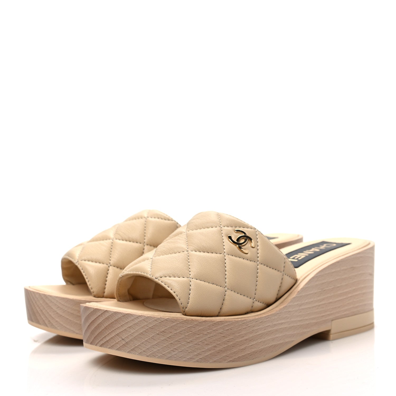 Chanel Lambskin Quilted CC Slip On Platform Sandals 39 Beige 3 of 9