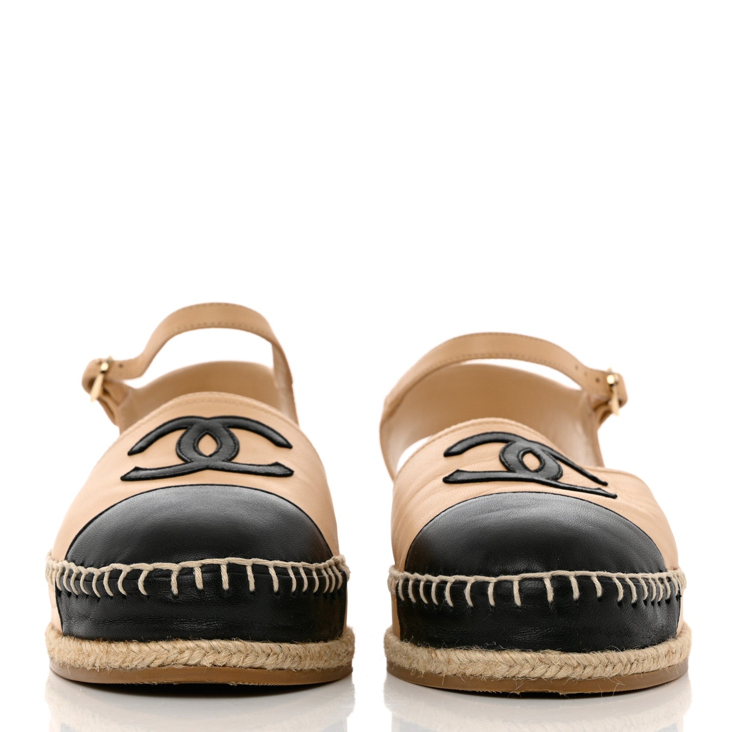 Chanel Lambskin Cap Toe CC Espadrille Sandals 38 Beige Black 2 of 10