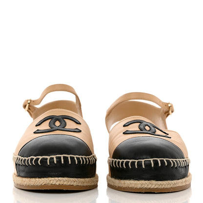 Chanel Lambskin Cap Toe CC Espadrille Sandals 38 Beige Black 2 of 10