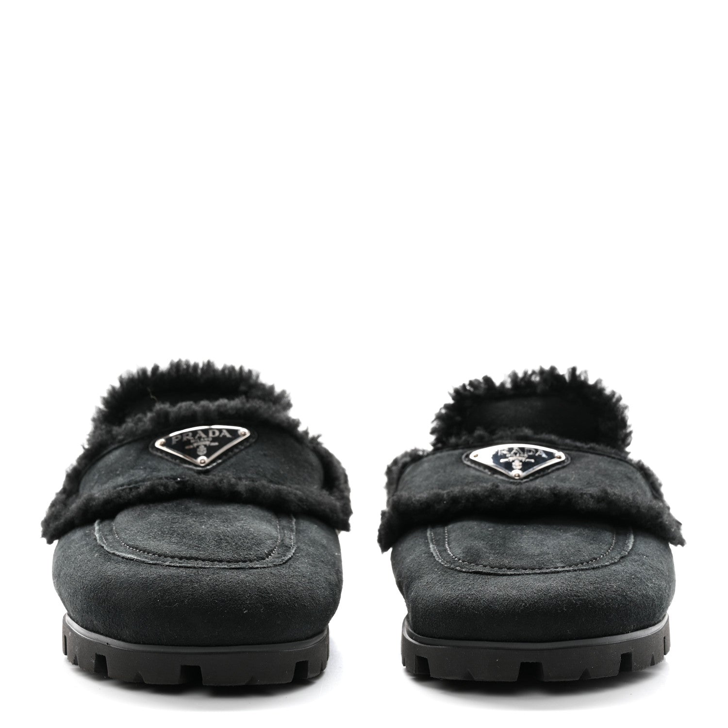 Prada Shearling Metal Triangle Logo 20mm Slippers 37 Black 2 of 8