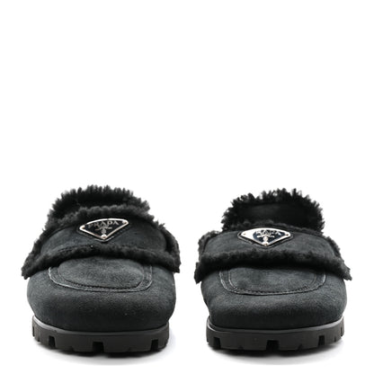 Prada Shearling Metal Triangle Logo 20mm Slippers 37 Black 2 of 8