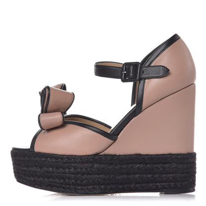 Valentino Garavani Calfskin Couture Bow Espadrille Platform Wedge Sandals 37 Rose Nero 1 of 10