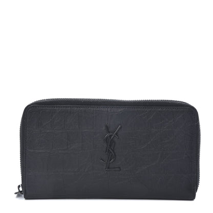Saint Laurent Crocodile Embossed Sheepskin Mens Zip Around Continental Wallet Black 1 of 8