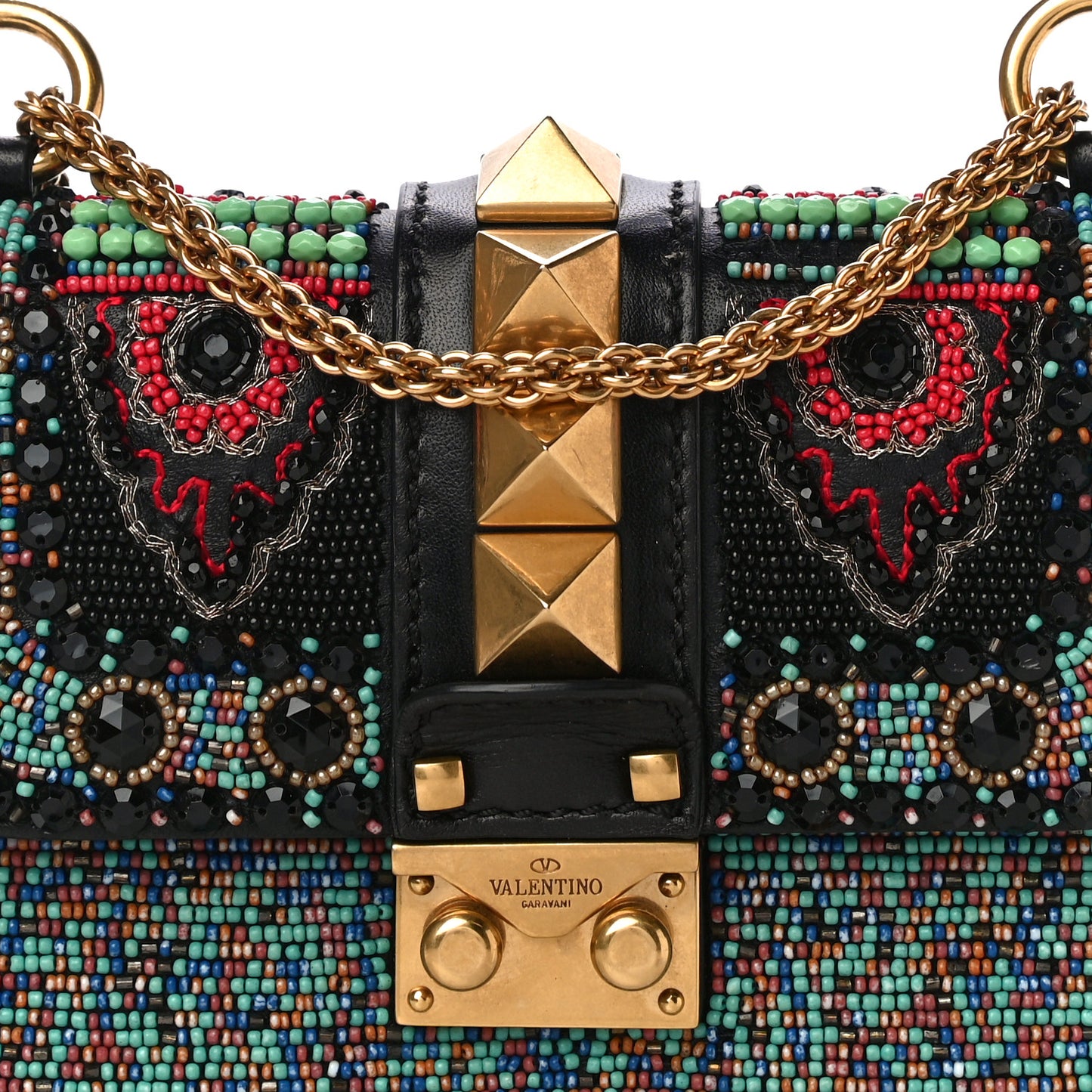 Vitello Beaded Small Glam Lock Rockstud Flap Black