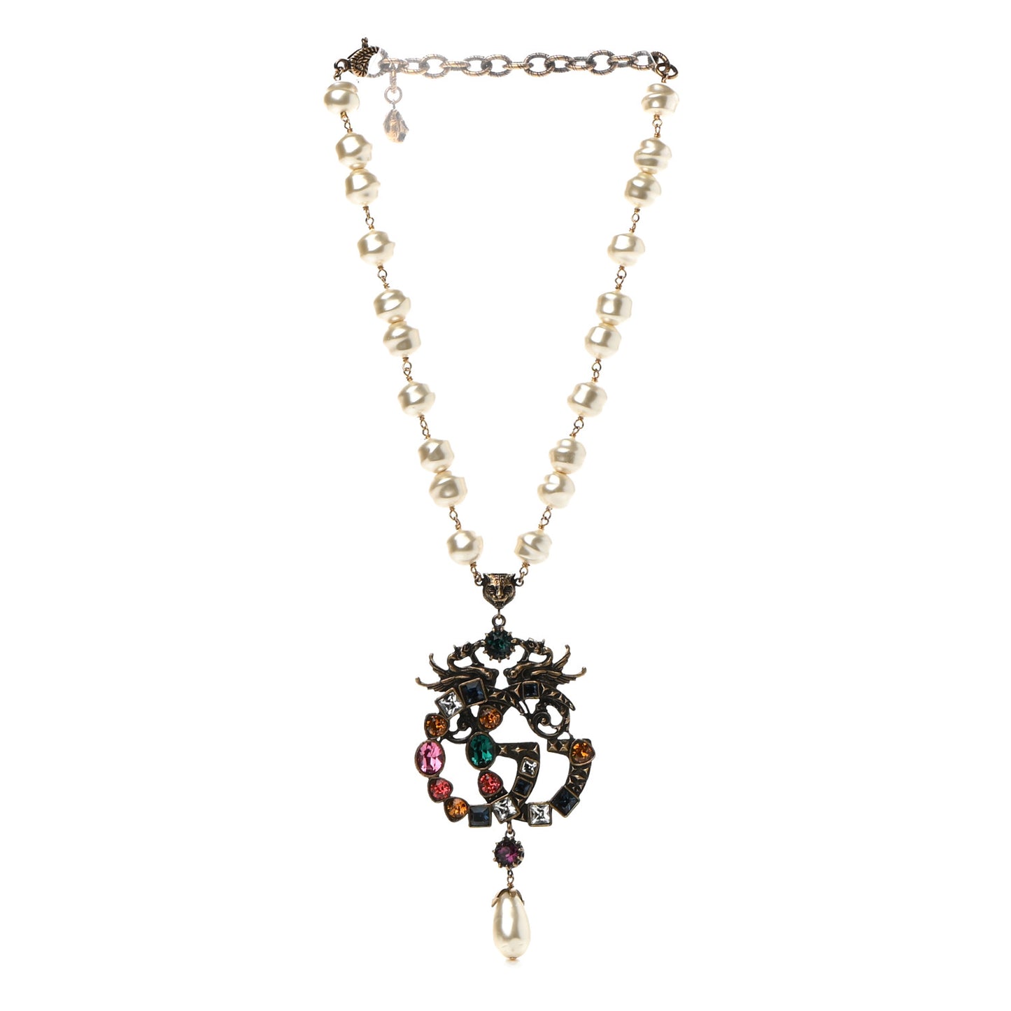 Crystal Pearl Marmont Dragon Necklace Aged Gold Multicolor
