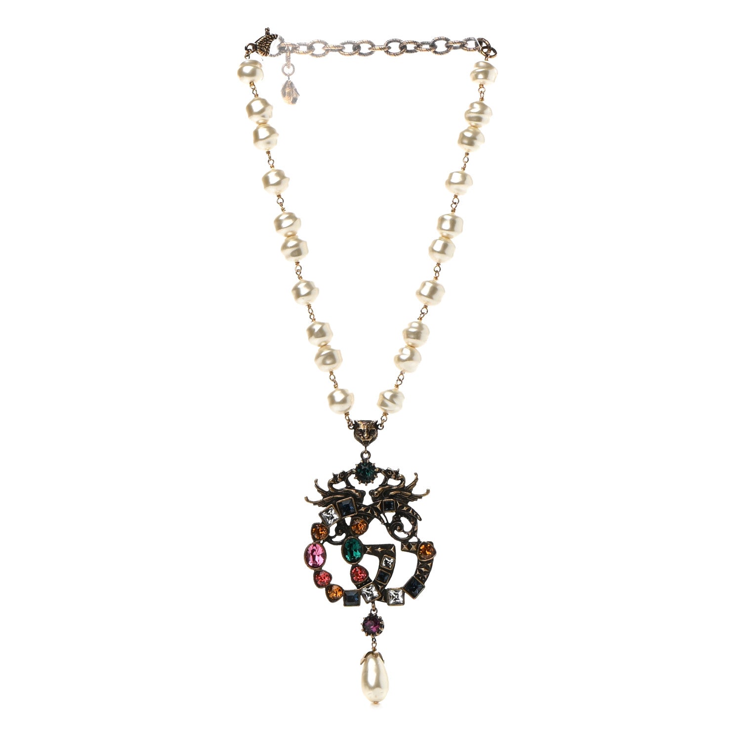 Gucci Crystal Pearl Marmont Dragon Necklace Aged Gold Multicolor 3 of 7