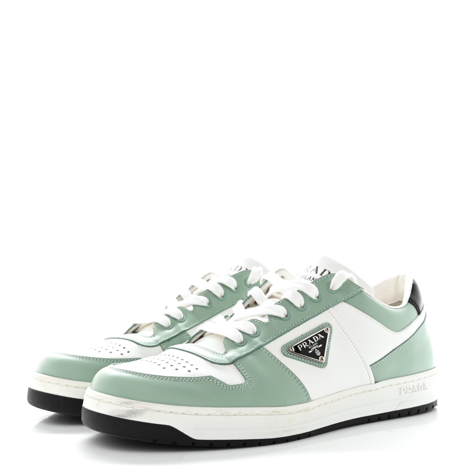 Prada Vitello Sport Spazzolato Rois Metal Triangle Logo Mens Downtown Low Top Sneakers 8.5 White Green 3 of 11