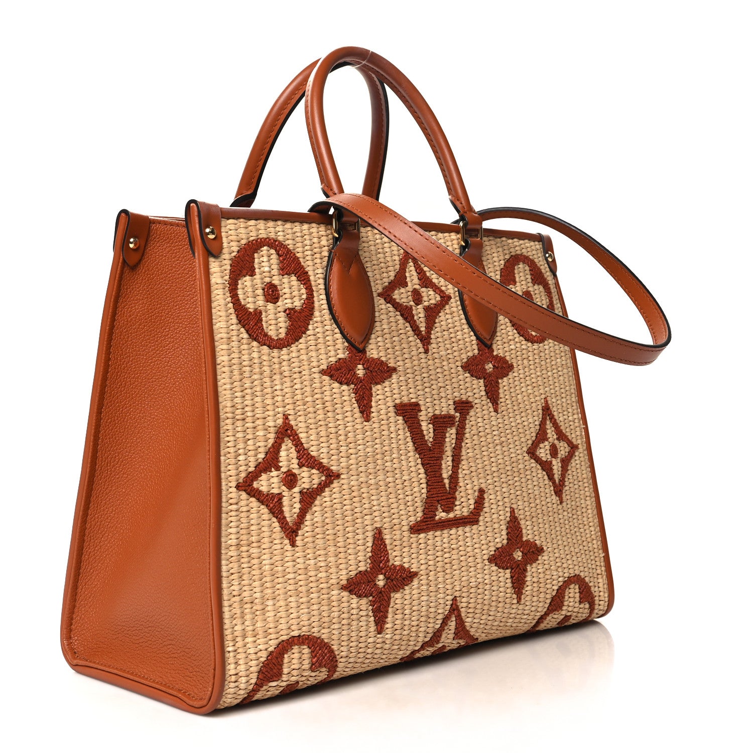 Louis Vuitton Raffia Calfskin Monogram Giant Onthego MM Tan 3 of 12