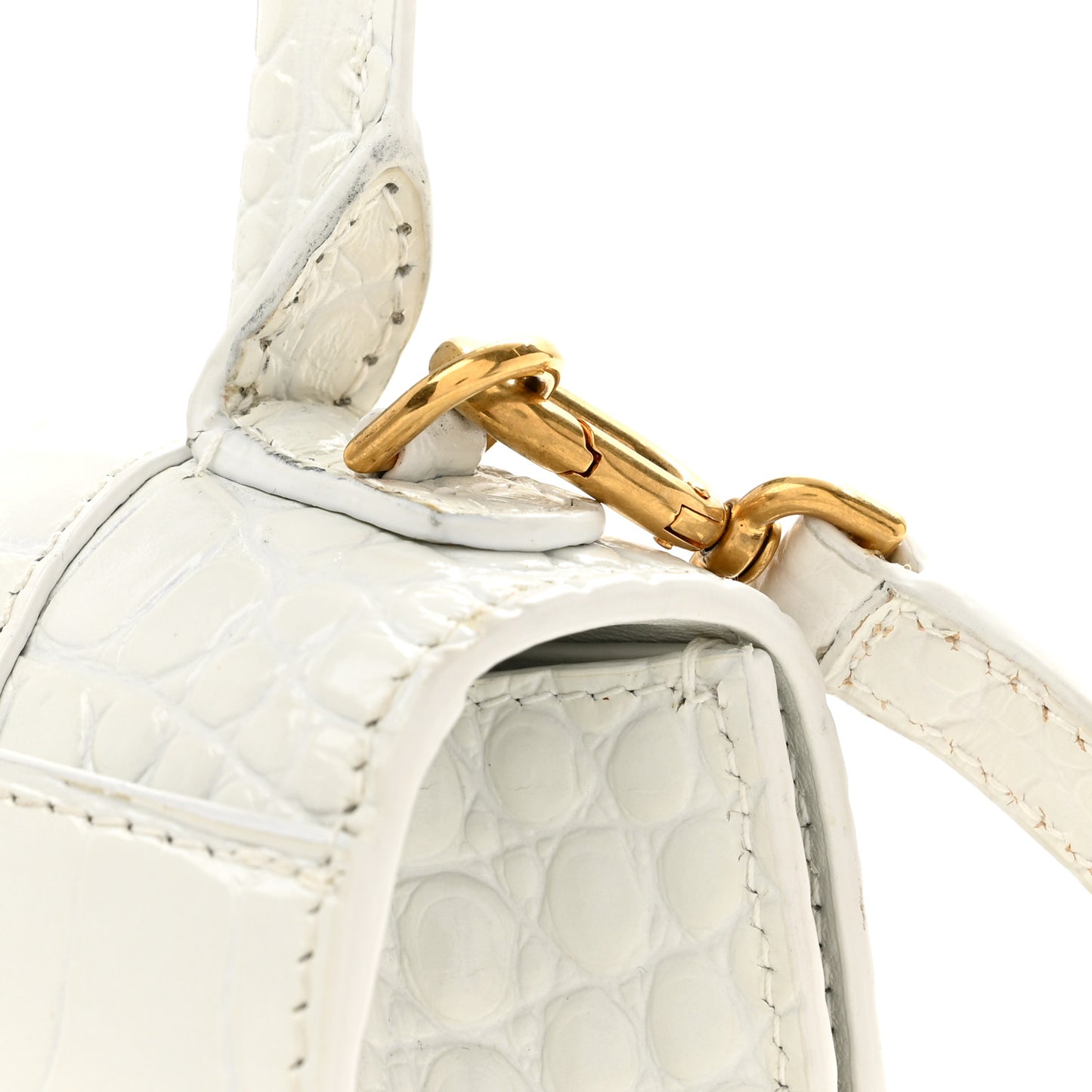 Shiny Calfskin Crocodile Embossed Hourglass Top Handle Bag XS White