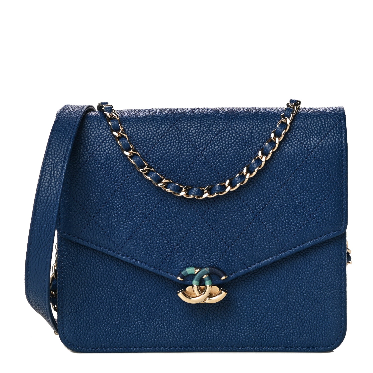 Chanel Grained Calfskin Quilted Cuba Square Wallet On Chain WOC Blue 1 of 14