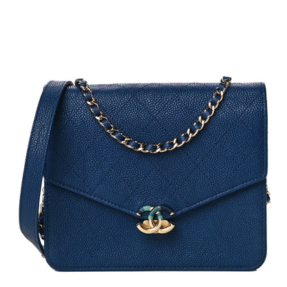 Chanel Grained Calfskin Quilted Cuba Square Wallet On Chain WOC Blue 1 of 14