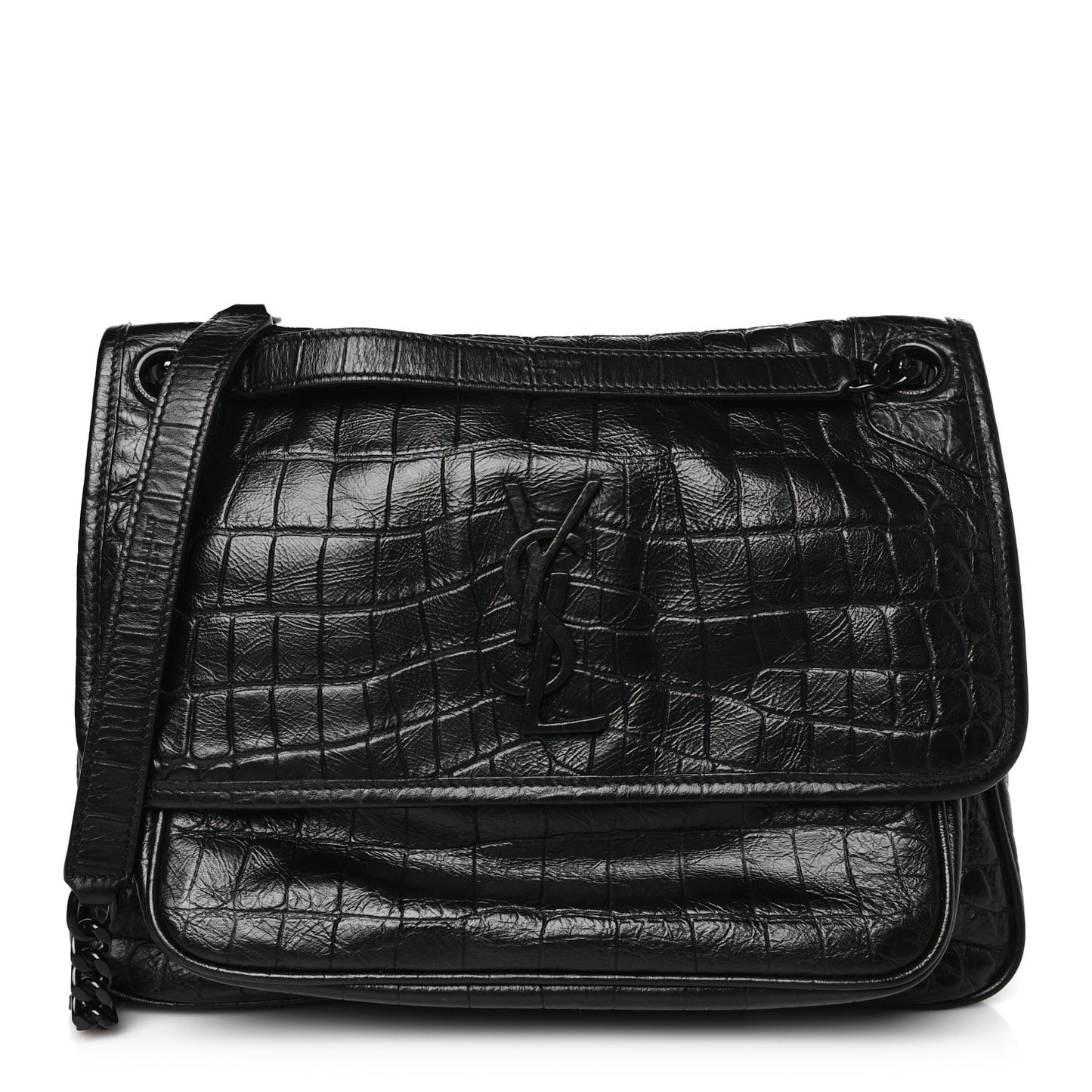Crocodile Embossed Lambskin Monogram Medium Niki Chain Satchel Black
