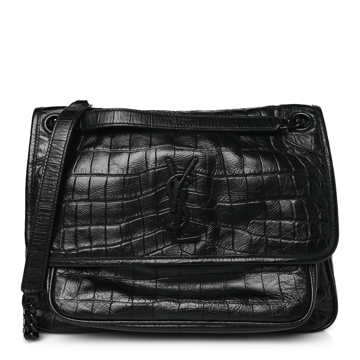 Saint Laurent Crocodile Embossed Lambskin Monogram Medium Niki Chain Satchel Black 1 of 10