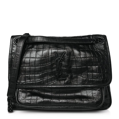 Saint Laurent Crocodile Embossed Lambskin Monogram Medium Niki Chain Satchel Black 1 of 10