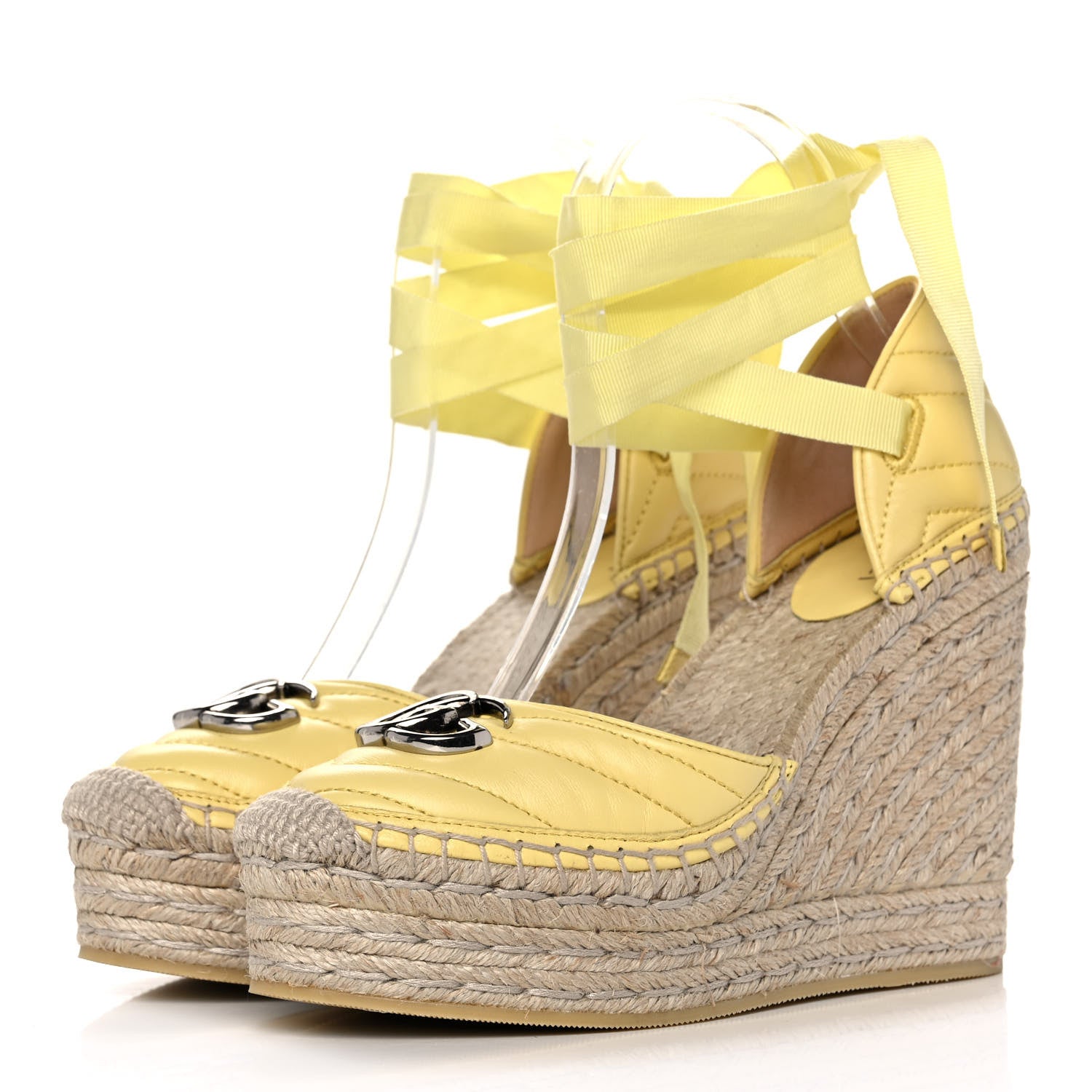 Gucci Nappa Matelasse GG Marmont Ankle Wrap Platform Espadrille Wedges 37.5 Banana 3 of 10