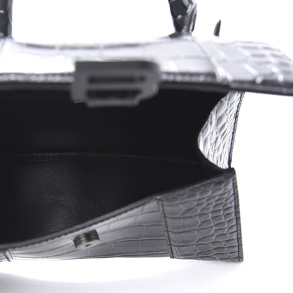 Balenciaga Shiny Calfskin Monochrome Crocodile Embossed Hourglass Top Handle Bag XS Black 5 of 9