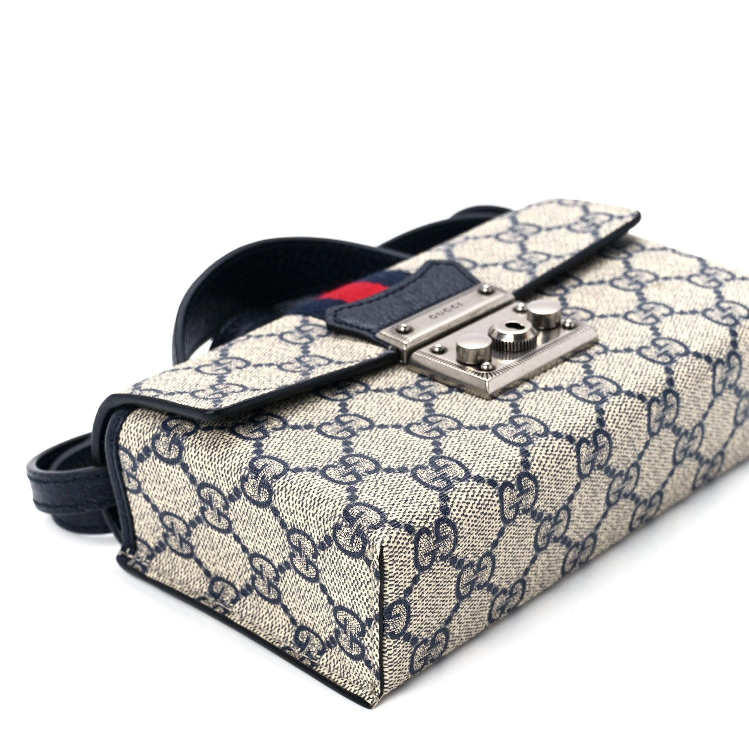 Gucci GG Supreme Monogram Textured Dollar Calfskin Web Mini Padlock Top Handle Shoulder Bag Beige Blue 10 of 12
