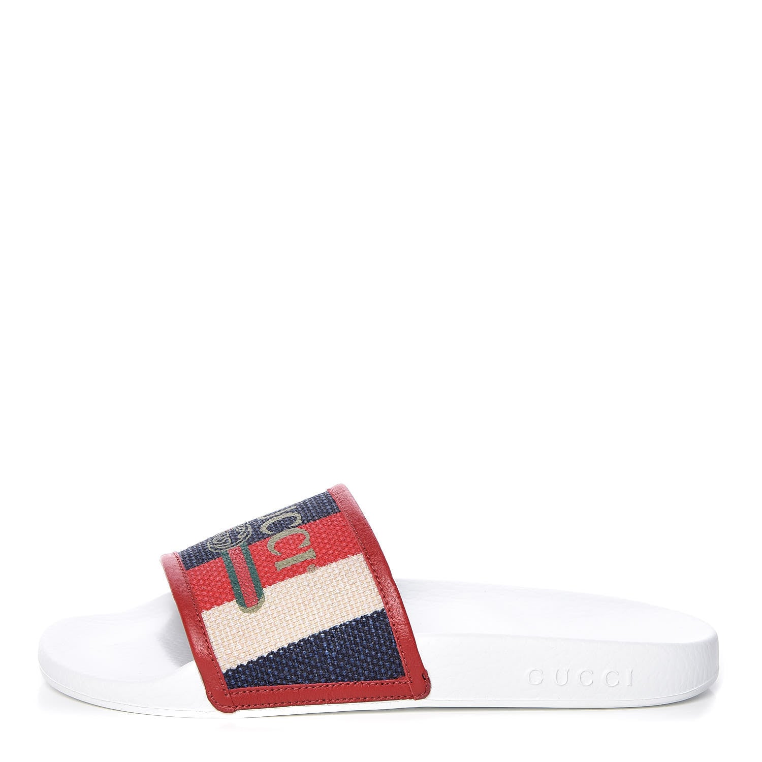 Gucci Canvas Sylvie Stripe Logo Pursuit Slide Sandals 39 Mystic White Hibiscus Red Maritime 1 of 9