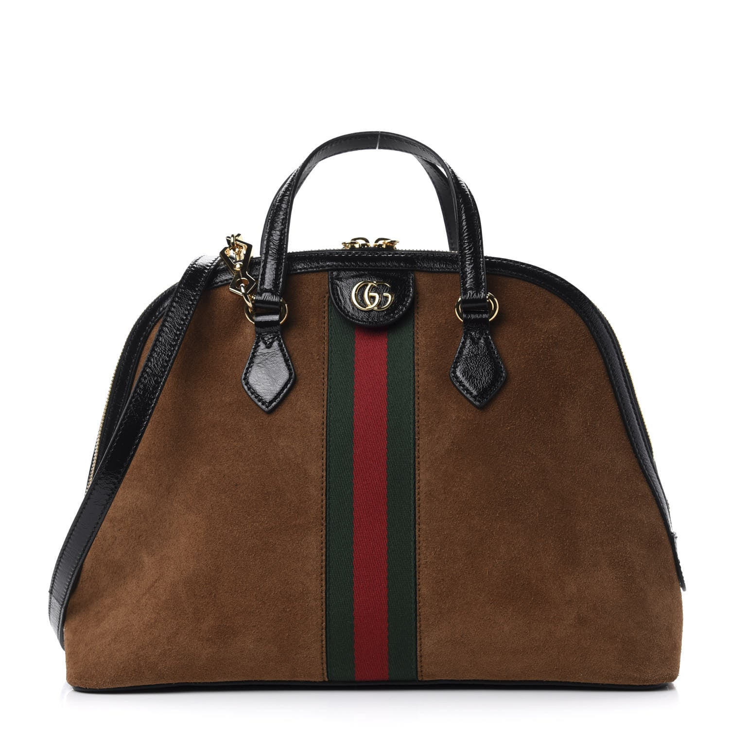 Gucci Suede Patent Web Medium Ophidia Top Handle Dome Bag Nocciola Black 1 of 10