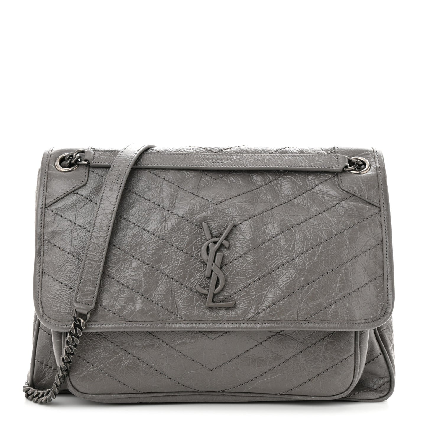 Crinkled Calfskin Matelasse Monogram Large Niki Chain Satchel Fog