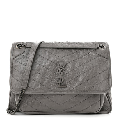 Saint Laurent Crinkled Calfskin Matelasse Monogram Large Niki Chain Satchel Fog 1 of 11