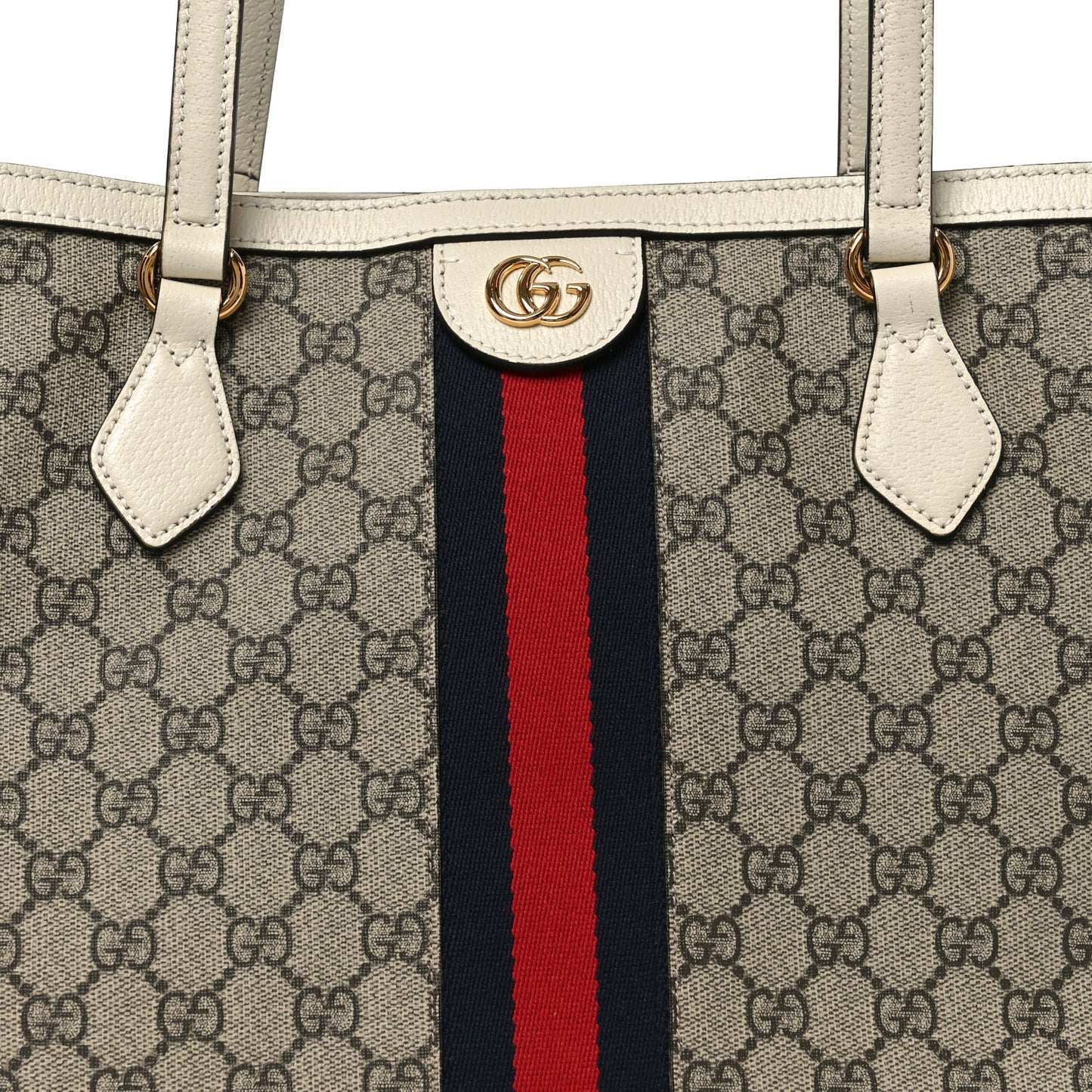 GG Supreme Monogram Textured Dollar Calfskin Web Medium Ophidia Shopping Tote Beige Ebony Mystic White
