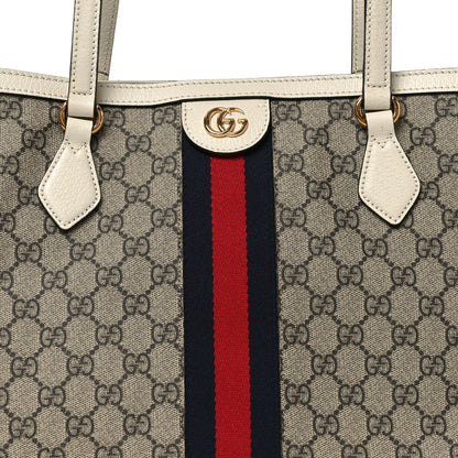 Gucci GG Supreme Monogram Textured Dollar Calfskin Web Medium Ophidia Shopping Tote Beige Ebony Mystic White 8 of 10