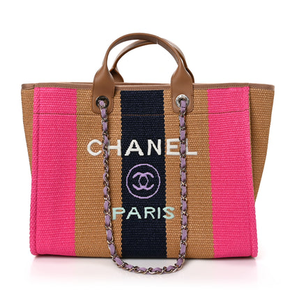 Chanel Straw Raffia Calfskin Striped Medium Deauville Tote Dark Beige Fuchsia Navy Blue 1 of 11