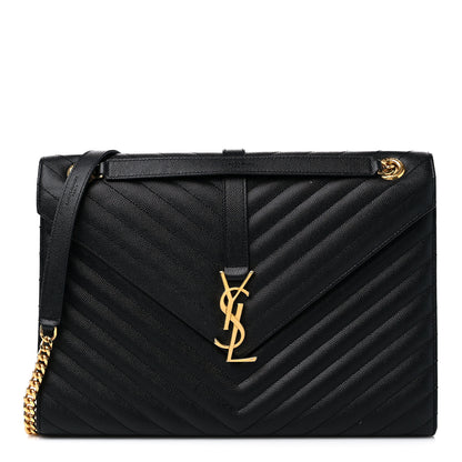 Saint Laurent Grain De Poudre Matelasse Chevron Large Monogram Satchel Black 1 of 11