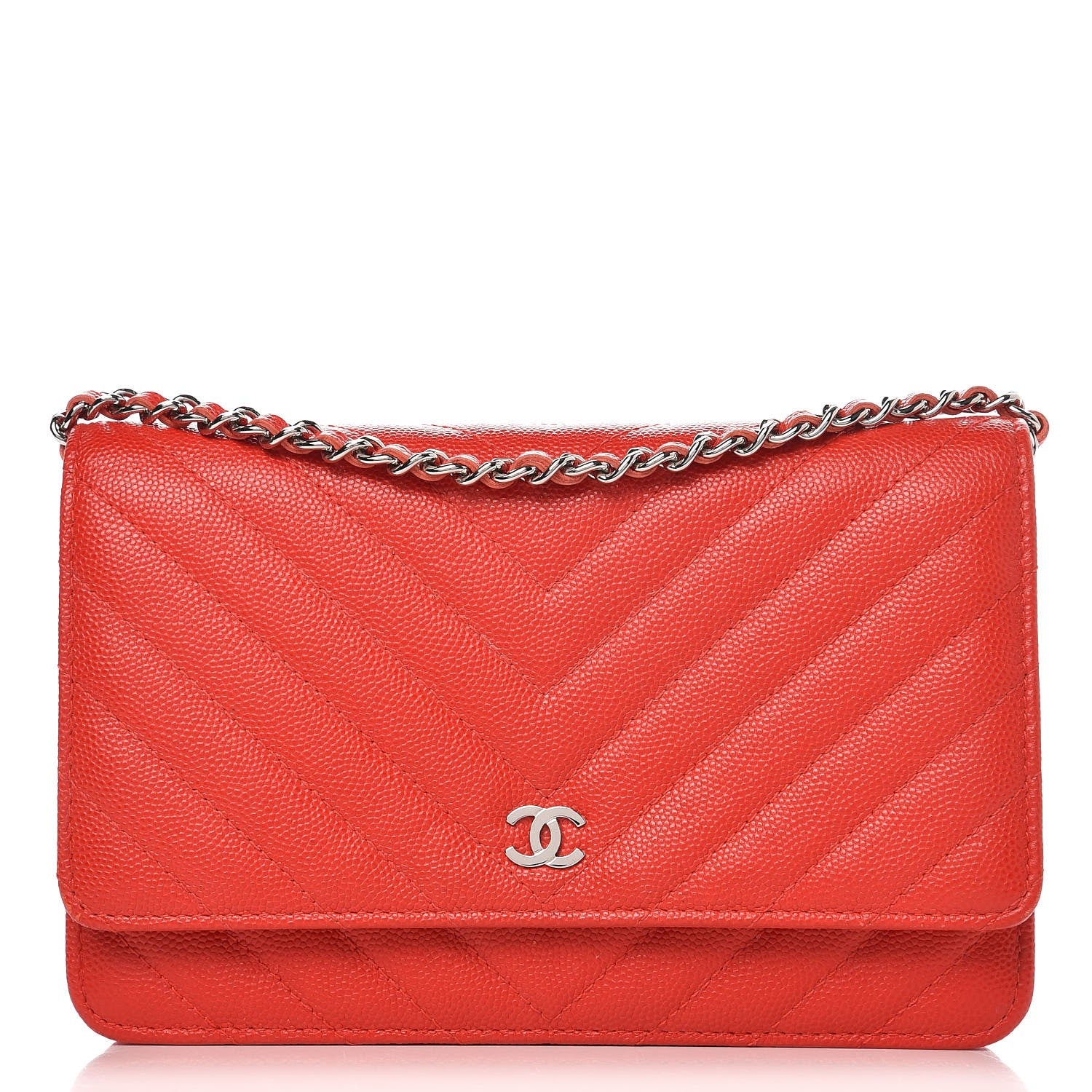 Chanel Caviar Chevron Quilted Wallet On Chain WOC Red 1 of 9
