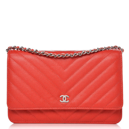 Chanel Caviar Chevron Quilted Wallet On Chain WOC Red 1 of 9