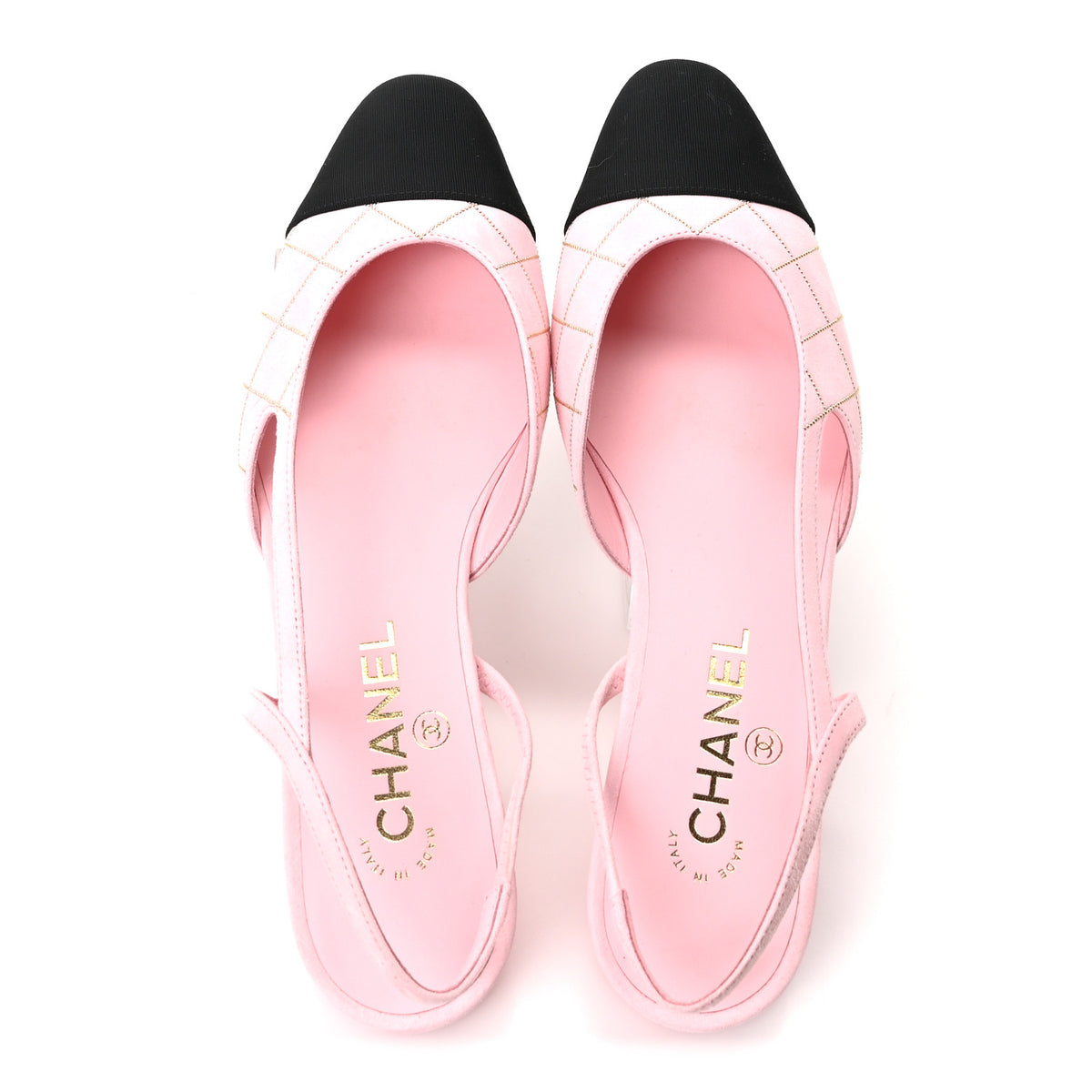 Suede Crystal Grosgrain Cap Toe CC Slingback Flats 39 Pink Gold Black