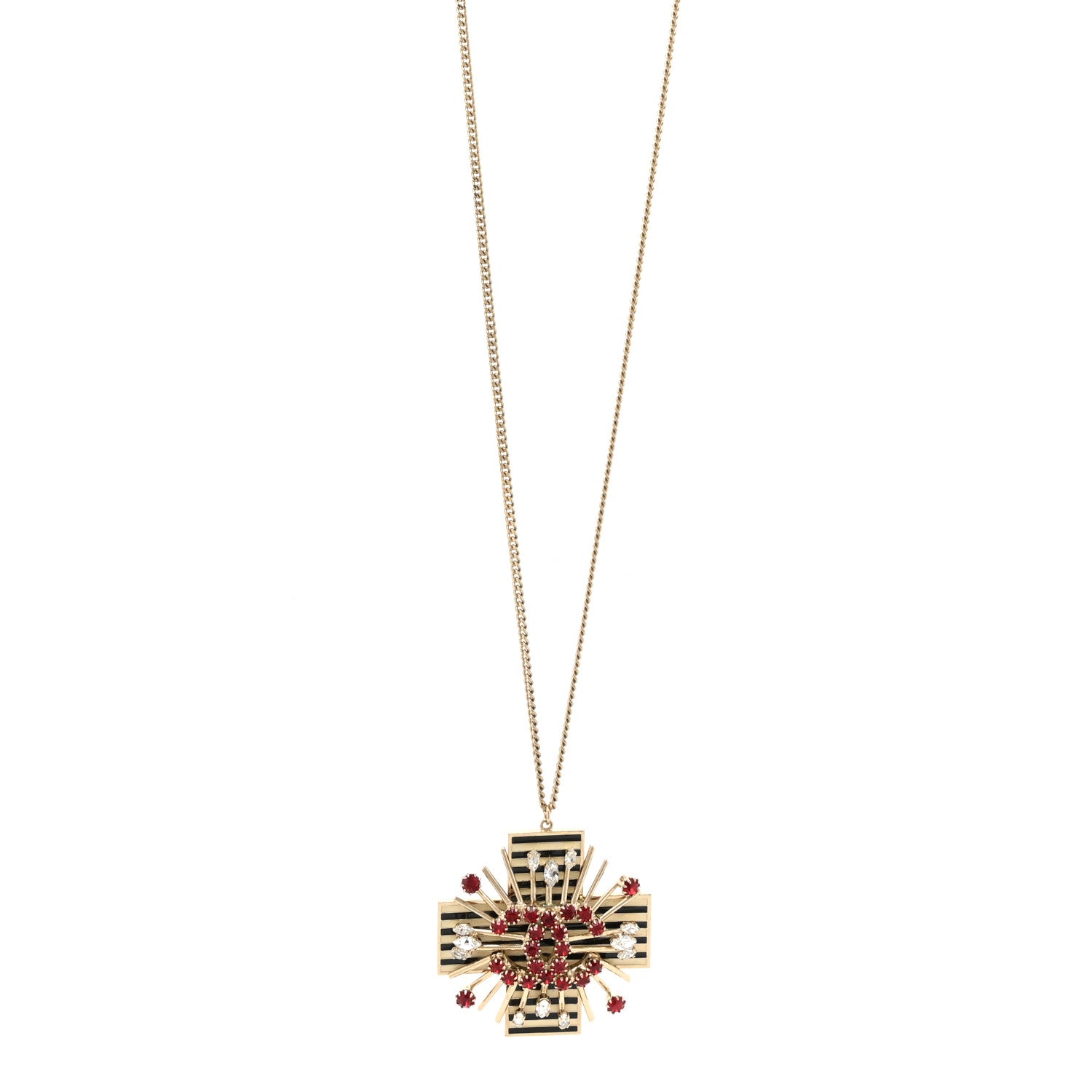 Chanel Crystal Cross CC Pendant Necklace Gold Red 1 of 6