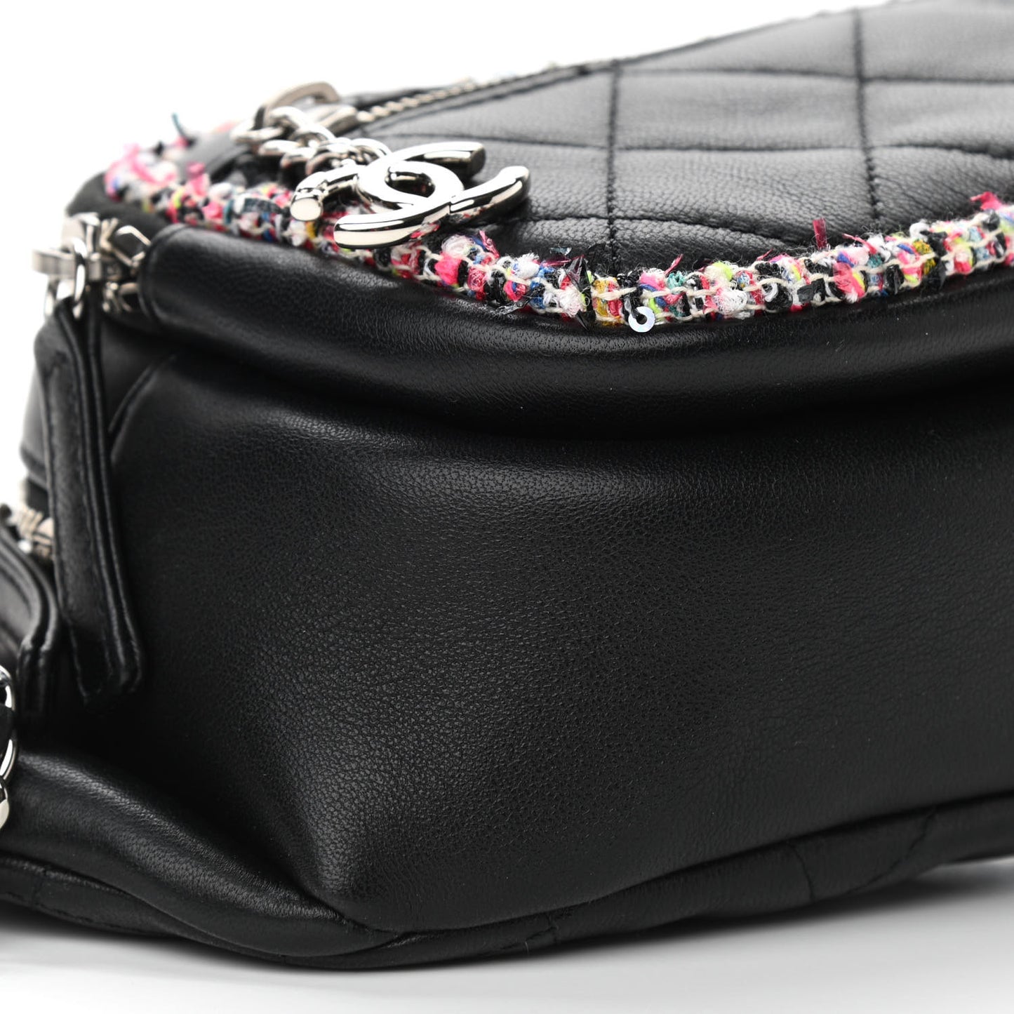 Lambskin Tweed Quilted Elegant Trim Waist Belt Bag Black