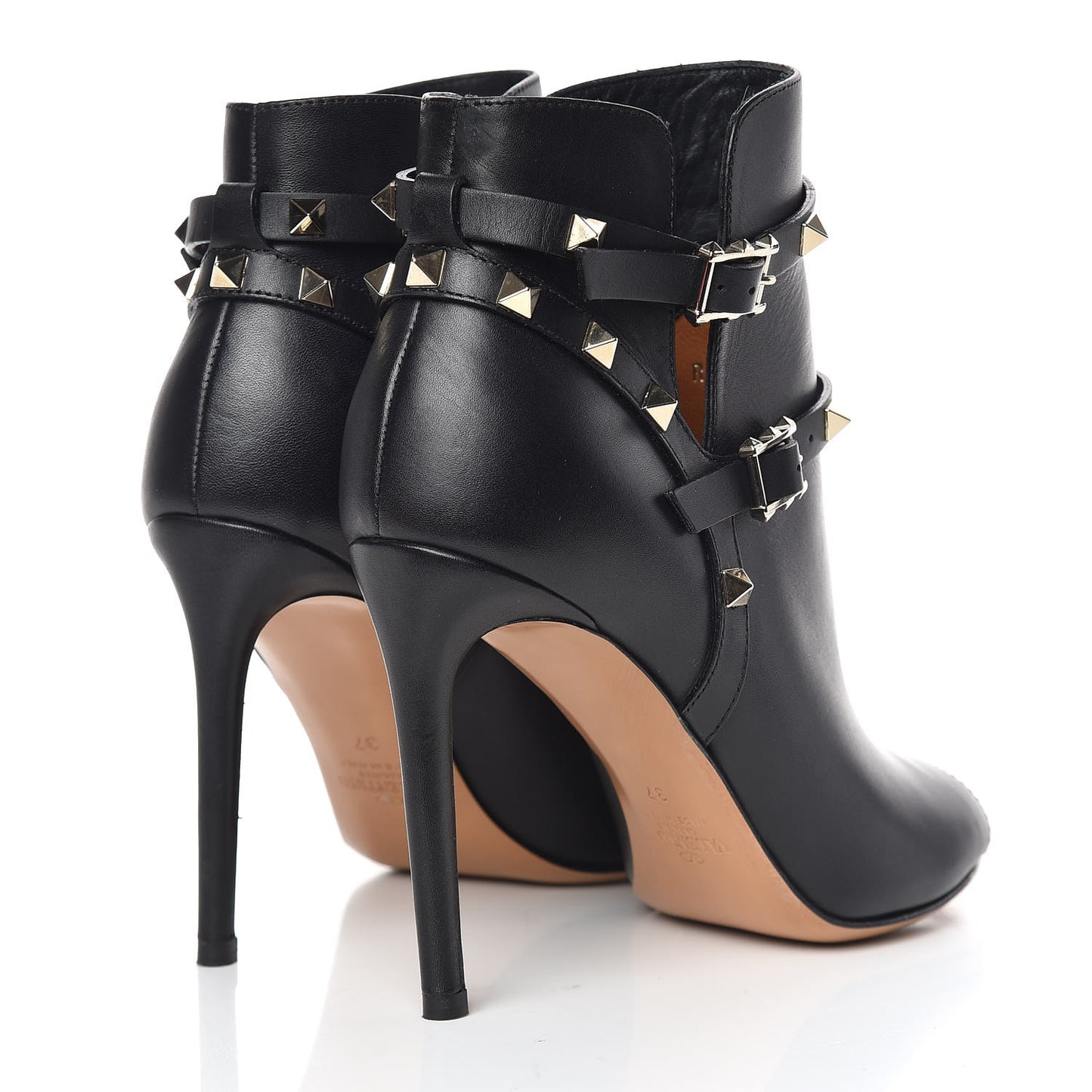 Calfskin Rockstud Peep Toe Double Buckle 100mm Ankle Boots 37 Black