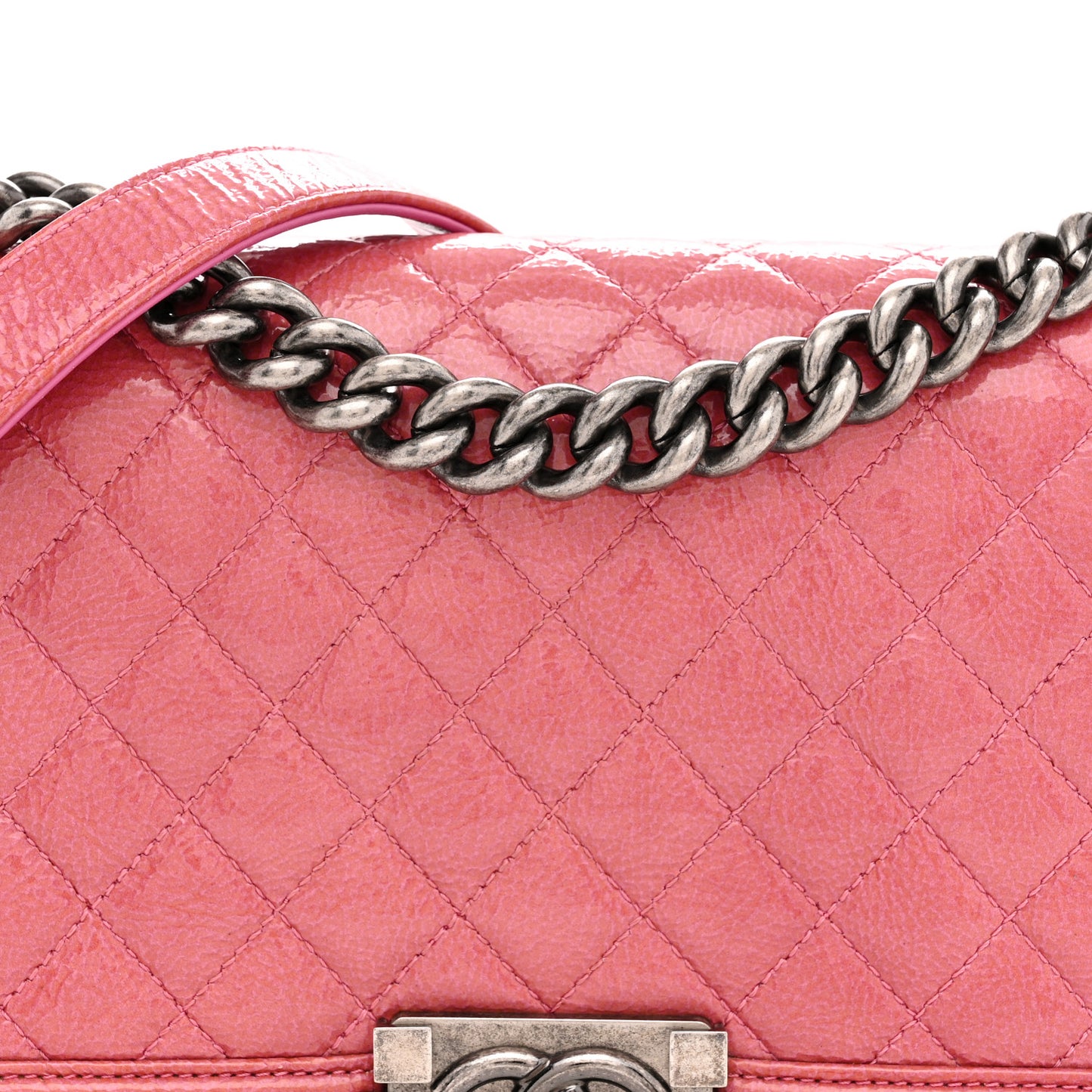 Distressed Patent Quilted Medium Boy Flap Pink